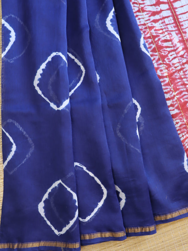 Banarasee Handloom Shibori Dyed Chanderi Saree-Blue & Red