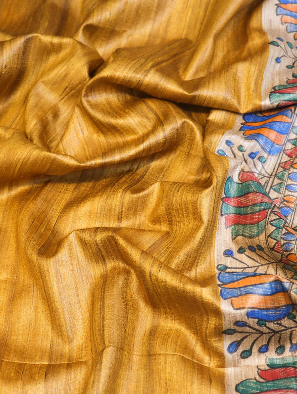 Bhagalpur Handloom Pure Tussar Silk Saree With Hand Block Painted Madhubani Design-Mustard Yellow