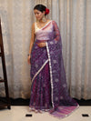 Banarasee Organza Mix Saree With Floral Embroidered Work & Satin Border-Violet