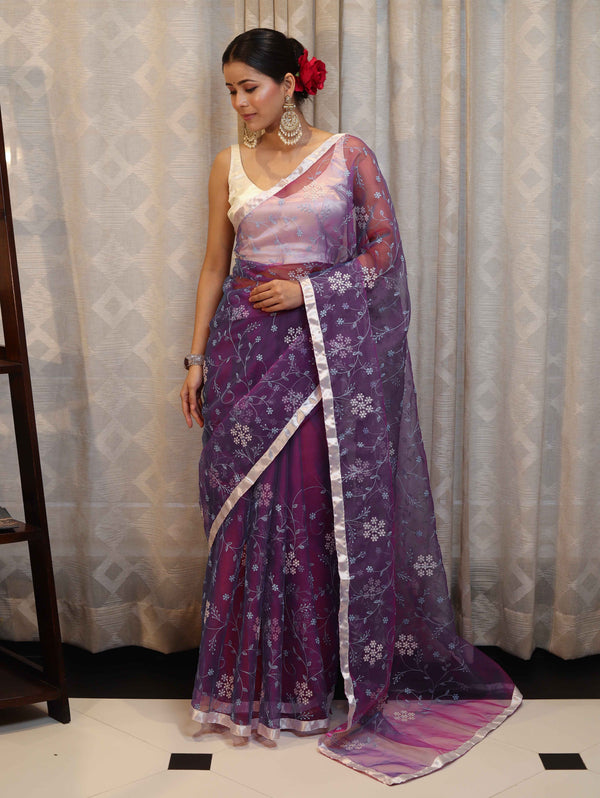 Banarasee Organza Mix Saree With Floral Embroidered Work & Satin Border-Violet