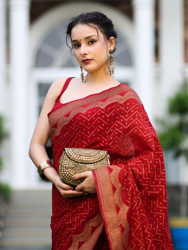 Banarasee Handwoven Georgette Saree With Zigzag Design & Antique Zari Work-Deep Maroon