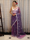Banarasee Organza Mix Saree With Floral Embroidered Work & Satin Border-Violet