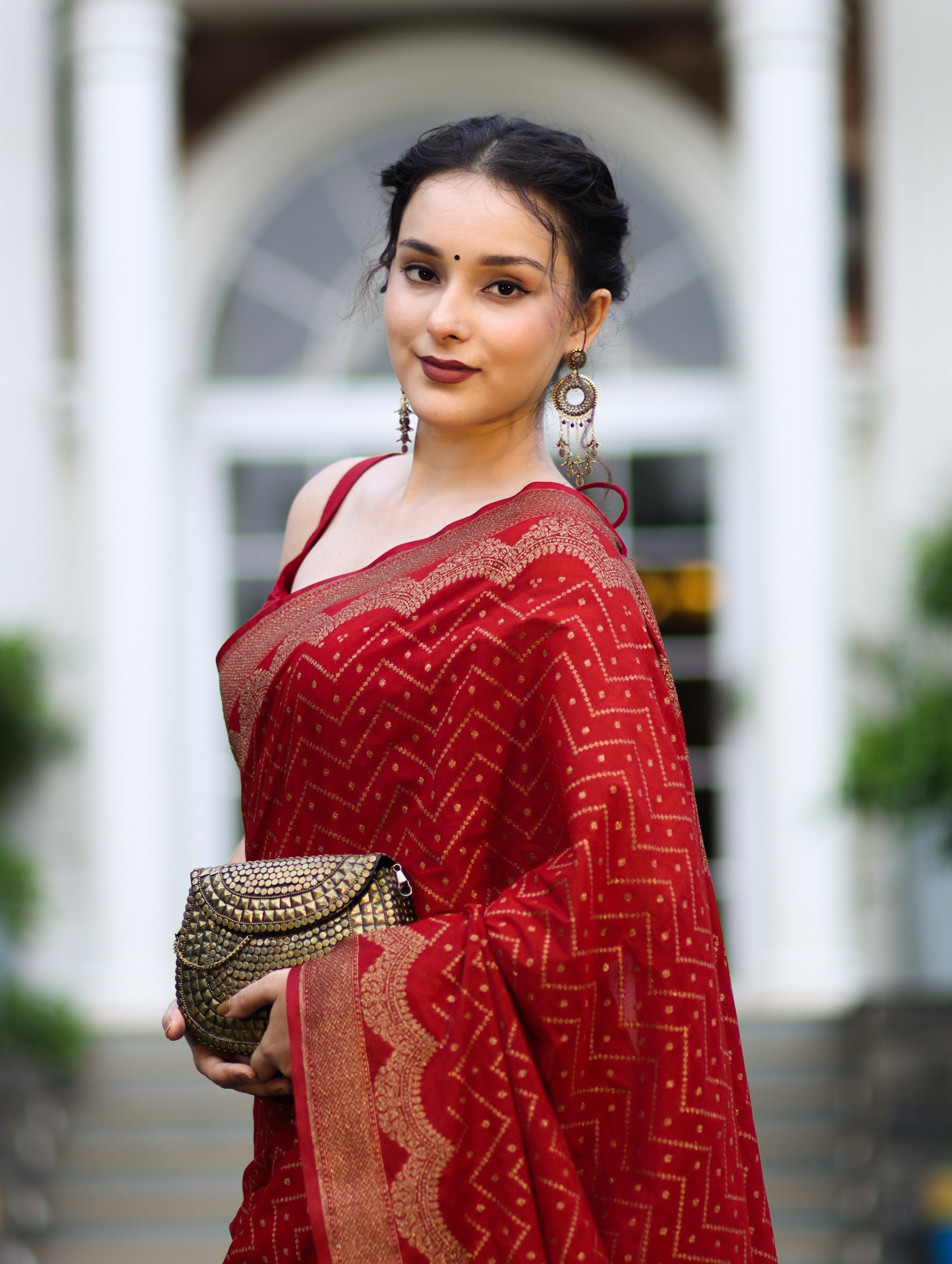 Banarasee Handwoven Georgette Saree With Zigzag Design & Antique Zari Work-Deep Maroon