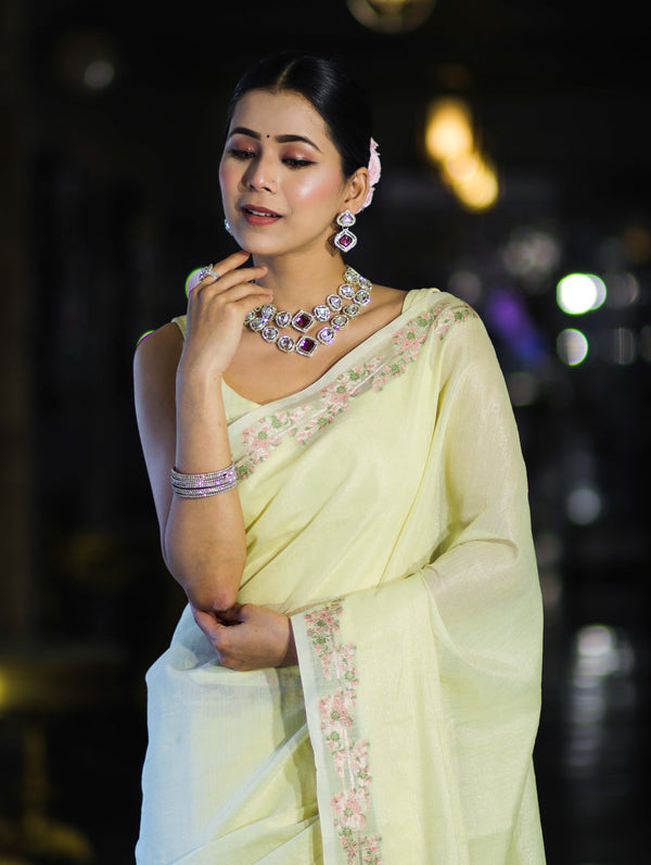 Banarasee Handloom Soft Tissue Shine Saree With Resham Floral Border-Light Yellow