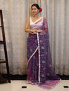 Banarasee Organza Mix Saree With Floral Embroidered Work & Satin Border-Violet