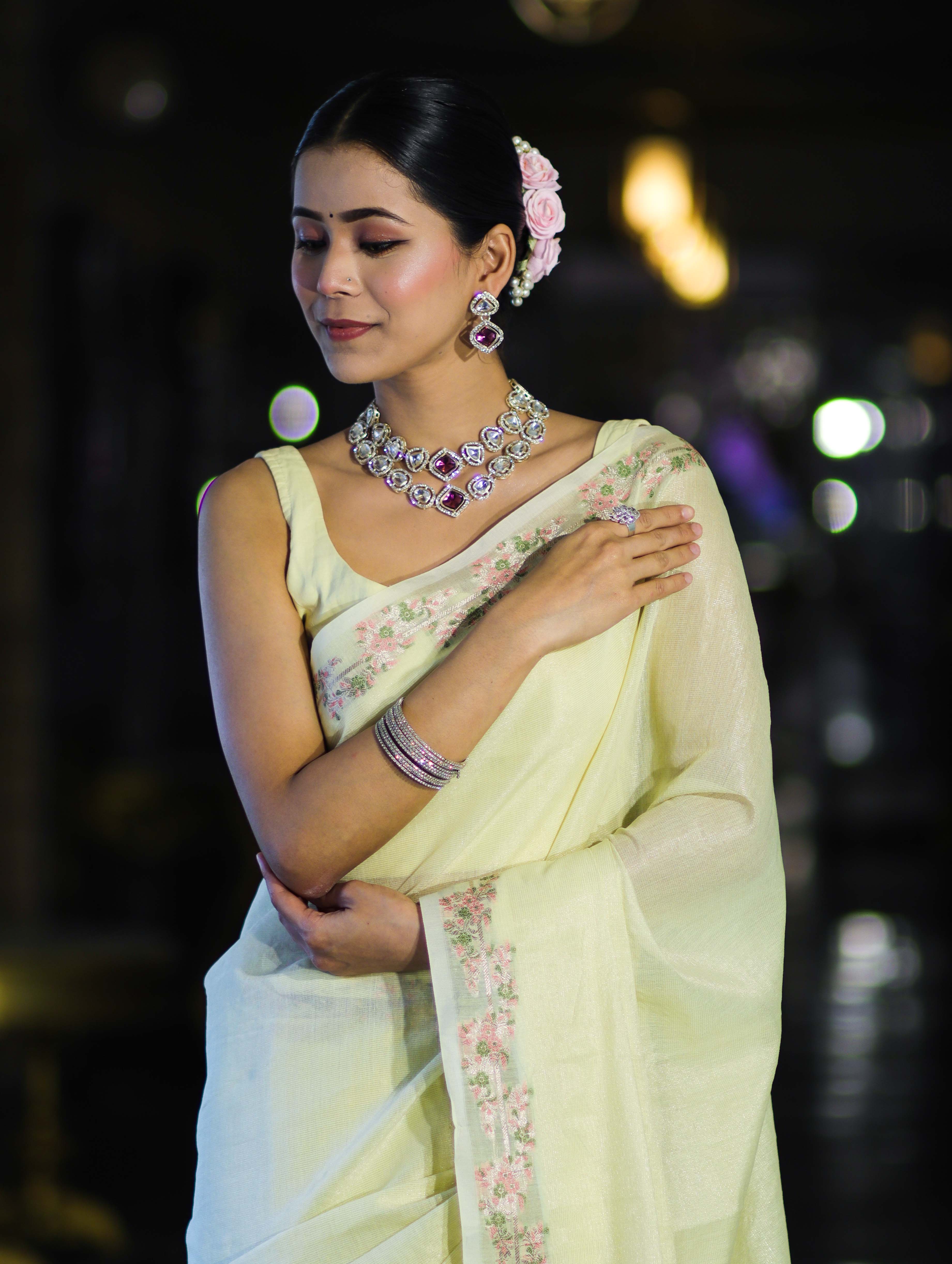 Banarasee Handloom Soft Tissue Shine Saree With Resham Floral Border-Light Yellow
