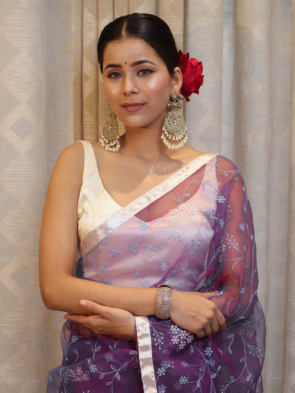 Banarasee Organza Mix Saree With Floral Embroidered Work & Satin Border-Violet