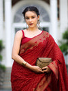 Banarasee Handwoven Georgette Saree With Zigzag Design & Antique Zari Work-Deep Maroon
