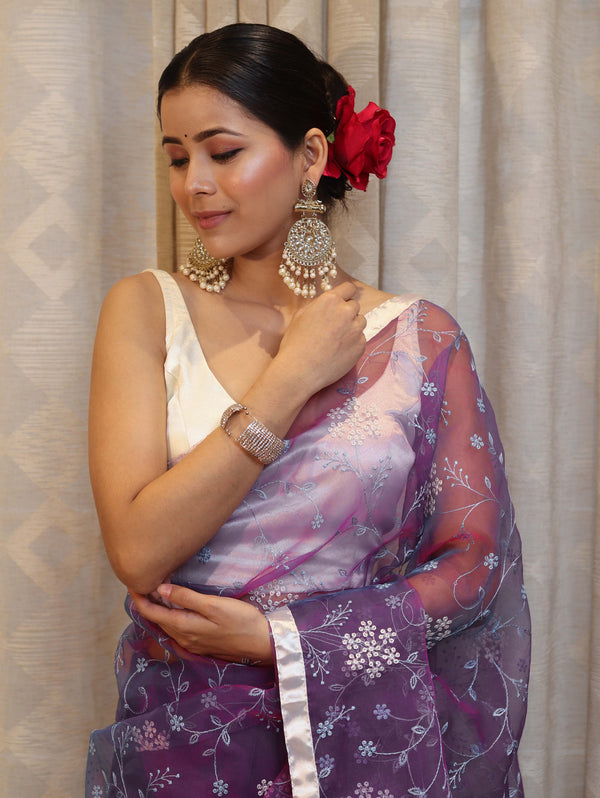 Banarasee Organza Mix Saree With Floral Embroidered Work & Satin Border-Violet