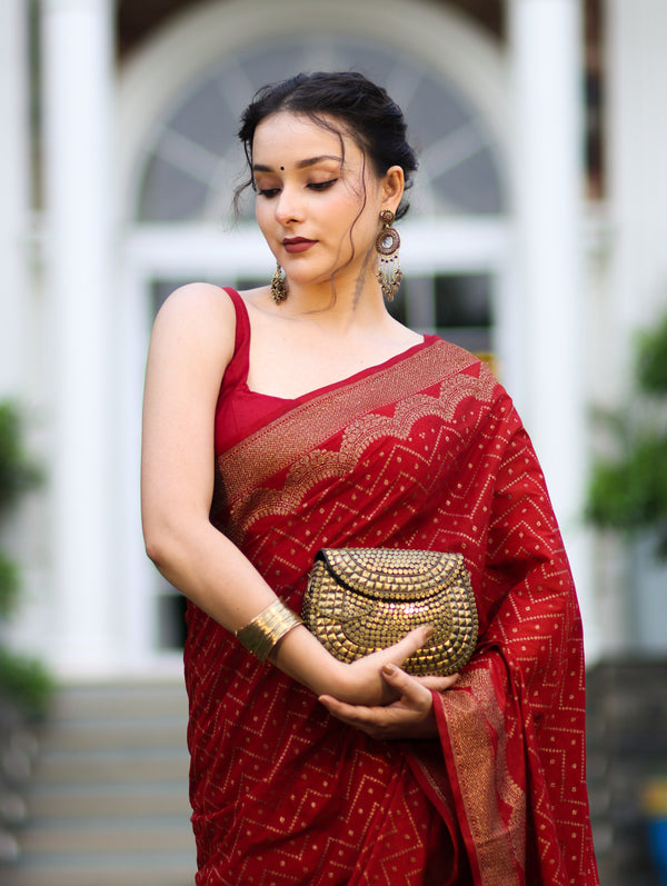 Banarasee Handwoven Georgette Saree With Zigzag Design & Antique Zari Work-Deep Maroon