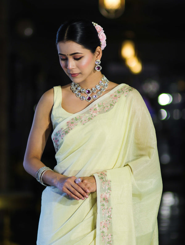 Banarasee Handloom Soft Tissue Shine Saree With Resham Floral Border-Light Yellow