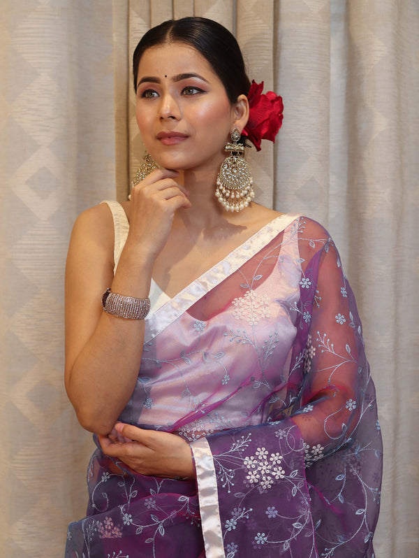 Banarasee Organza Mix Saree With Floral Embroidered Work & Satin Border-Violet