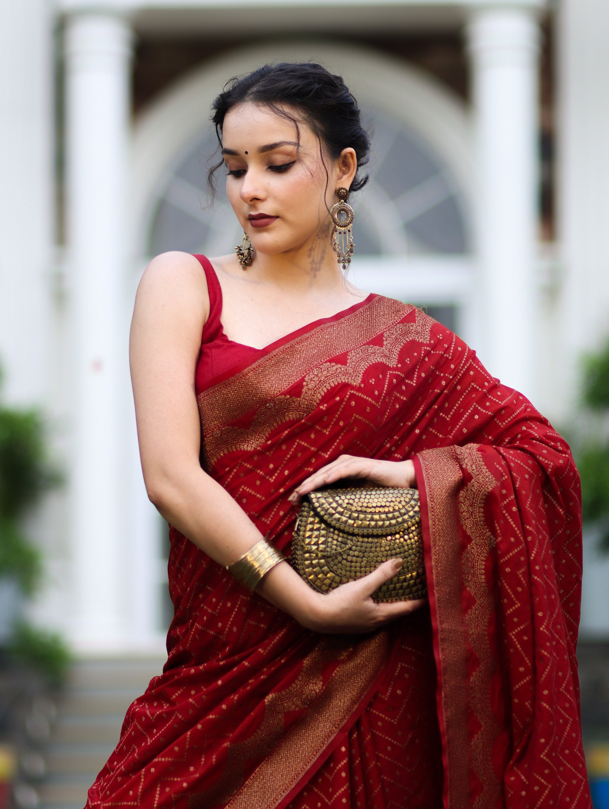 Banarasee Handwoven Georgette Saree With Zigzag Design & Antique Zari Work-Deep Maroon