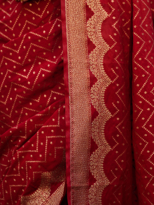 Banarasee Handwoven Georgette Saree With Zigzag Design & Antique Zari Work-Deep Maroon