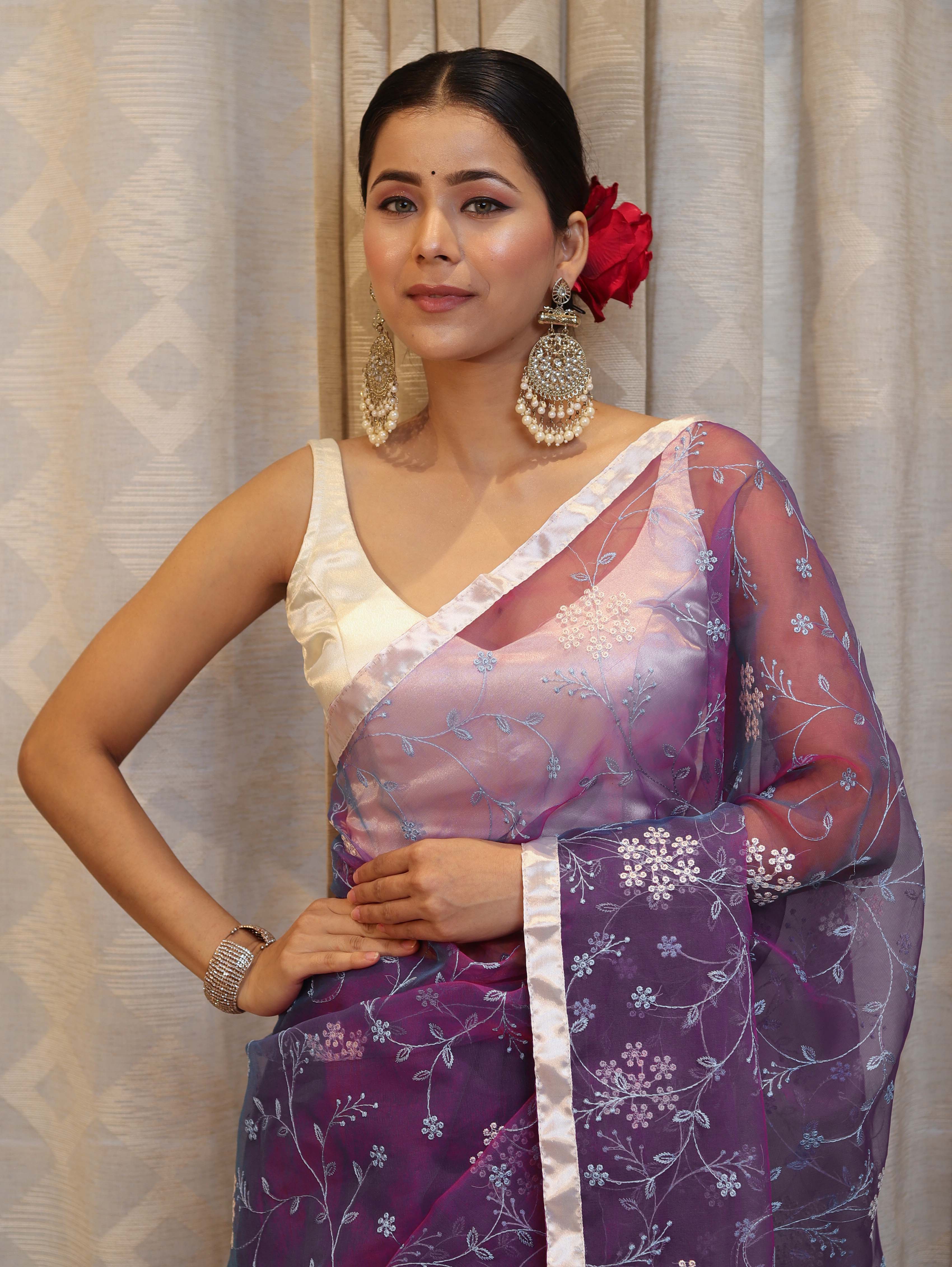 Banarasee Organza Mix Saree With Floral Embroidered Work & Satin Border-Violet