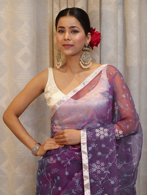 Banarasee Organza Mix Saree With Floral Embroidered Work & Satin Border-Violet