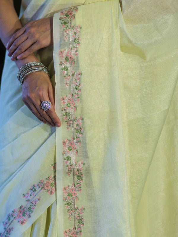 Banarasee Handloom Soft Tissue Shine Saree With Resham Floral Border-Light Yellow