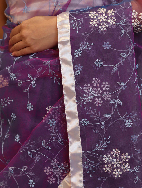 Banarasee Organza Mix Saree With Floral Embroidered Work & Satin Border-Violet