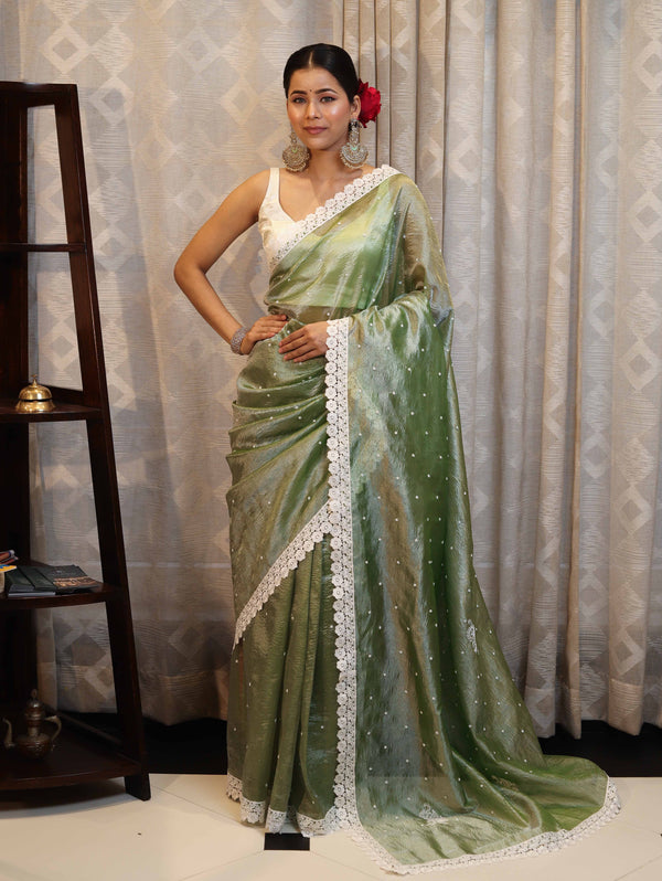Banarasee Handwoven Crushed Tissue Saree With Buti Design & Lace-Light Green