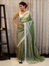 Banarasee Handwoven Crushed Tissue Saree With Buti Design & Lace-Light Green