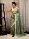 Banarasee Handwoven Crushed Tissue Saree With Buti Design & Lace-Light Green