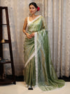 Banarasee Handwoven Crushed Tissue Saree With Buti Design & Lace-Light Green