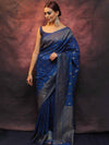 Banarasee Semi-Chiffon Saree With Antique Gold Zari Work-Cobalt Blue