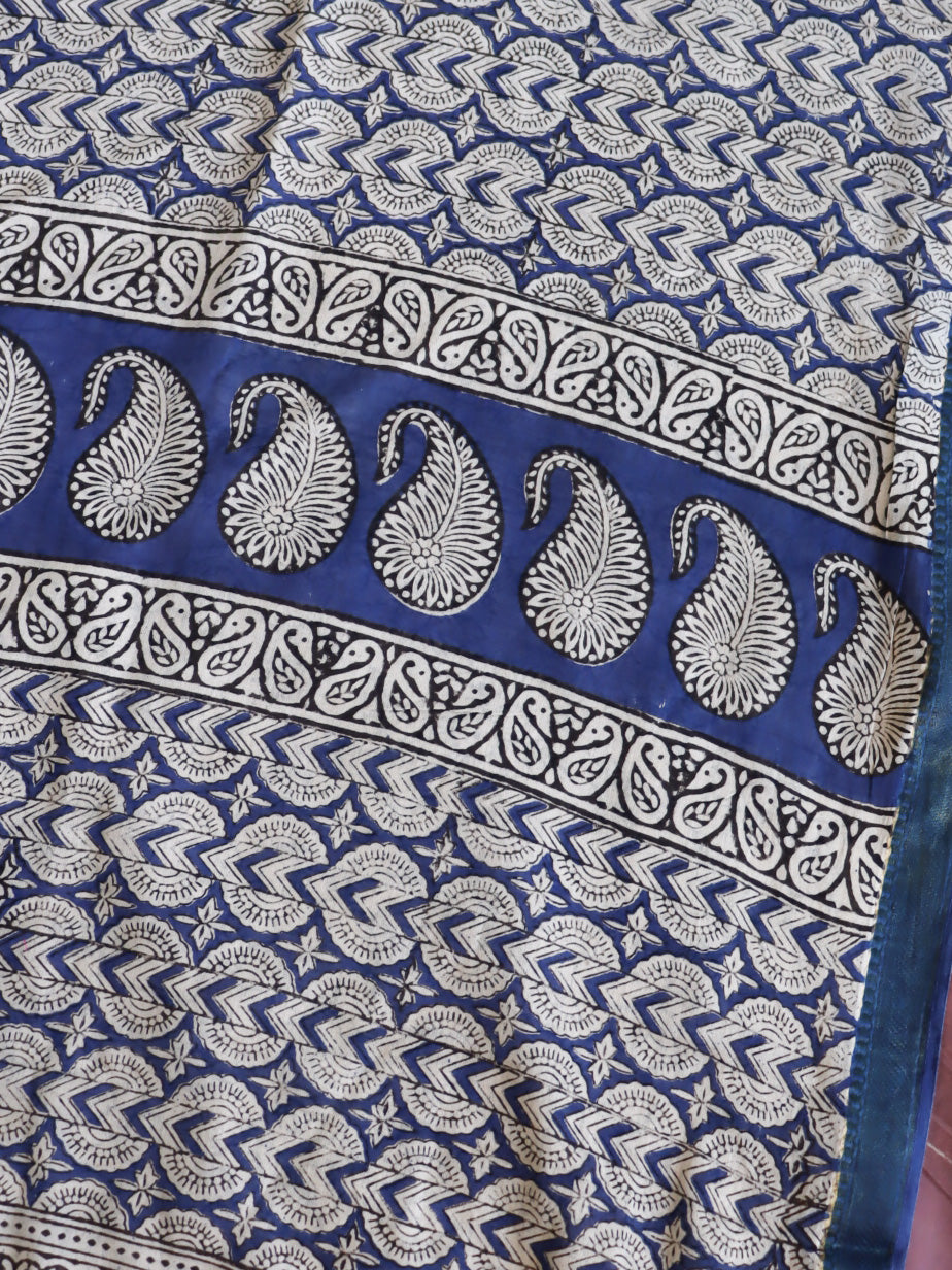 Handloom Maheshwari Silk Bagru Block Printed Saree-Beige