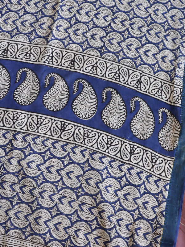 Handloom Maheshwari Silk Bagru Block Printed Saree-Beige