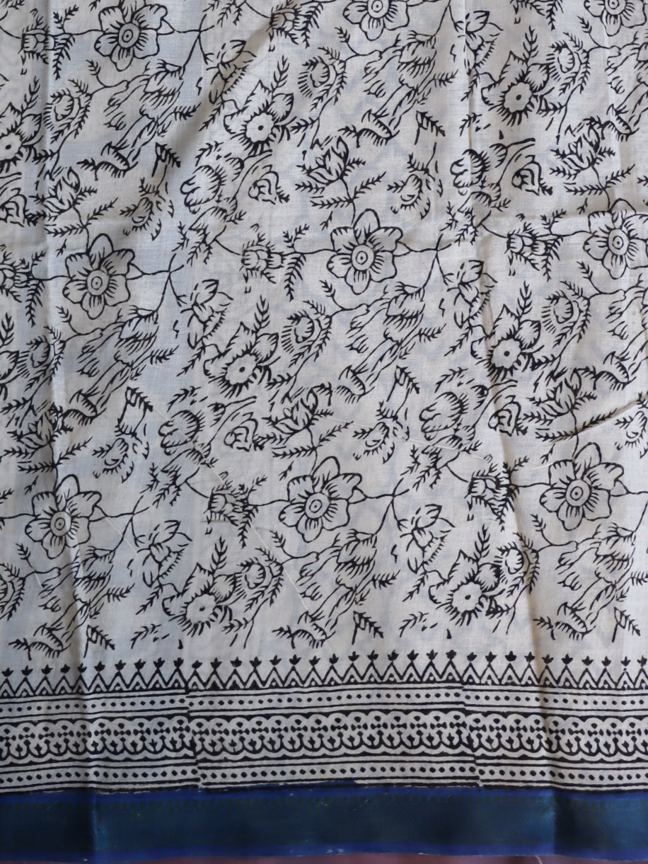 Handloom Maheshwari Silk Bagru Block Printed Saree-Beige