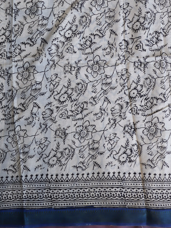 Handloom Maheshwari Silk Bagru Block Printed Saree-Beige