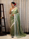 Banarasee Handwoven Crushed Tissue Saree With Buti Design & Lace-Light Green