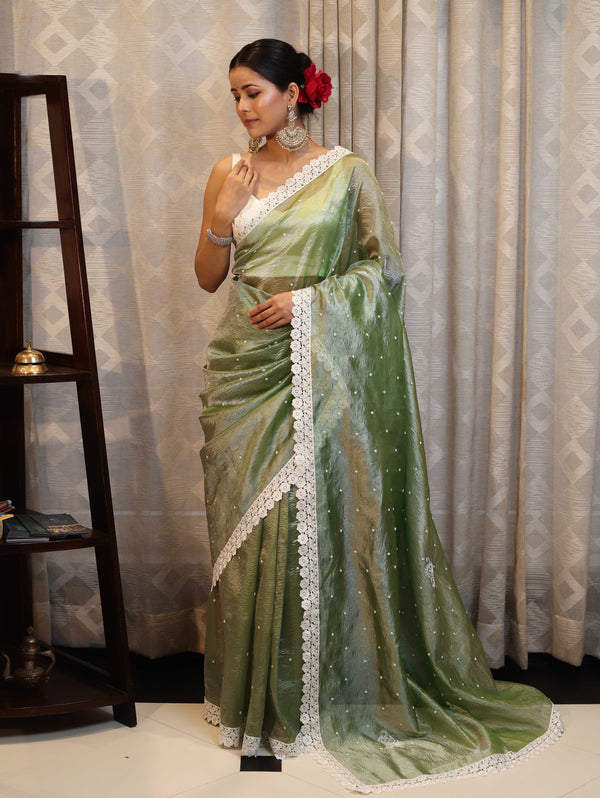 Banarasee Handwoven Crushed Tissue Saree With Buti Design & Lace-Light Green