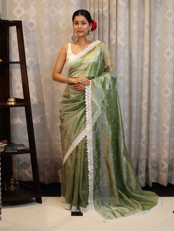Banarasee Handwoven Crushed Tissue Saree With Buti Design & Lace-Light Green