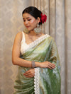 Banarasee Handwoven Crushed Tissue Saree With Buti Design & Lace-Light Green