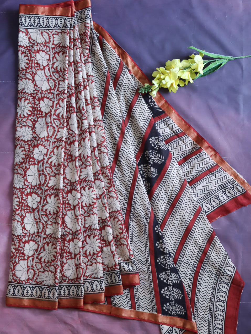 Handloom Maheshwari Silk Bagru Block Printed Saree-Brown