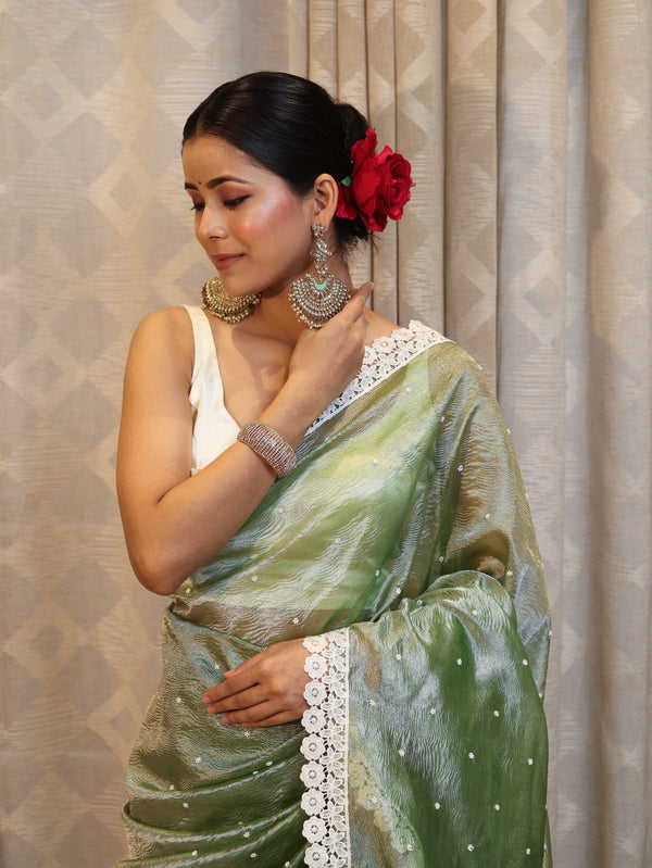 Banarasee Handwoven Crushed Tissue Saree With Buti Design & Lace-Light Green