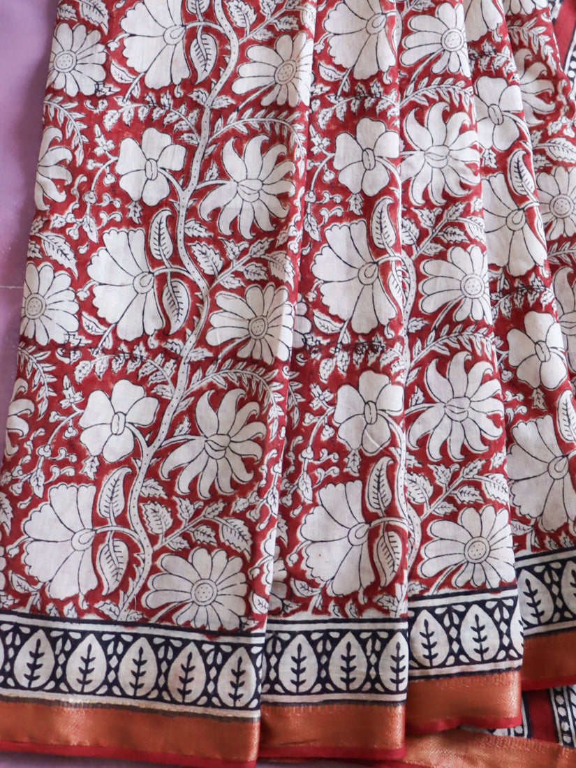 Handloom Maheshwari Silk Bagru Block Printed Saree-Brown