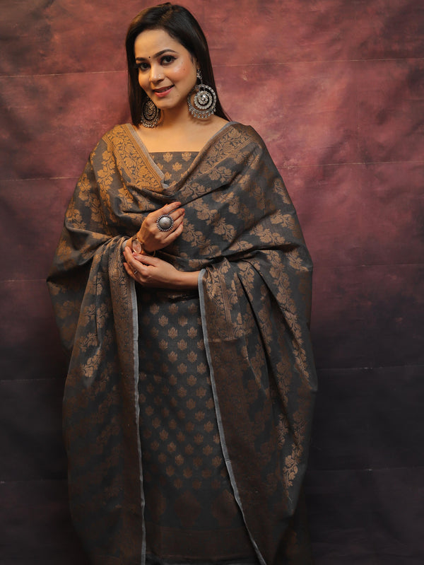 Banarasee Soft Cotton Ghichha Work Salwar Kameez Fabric With Dupatta-Grey