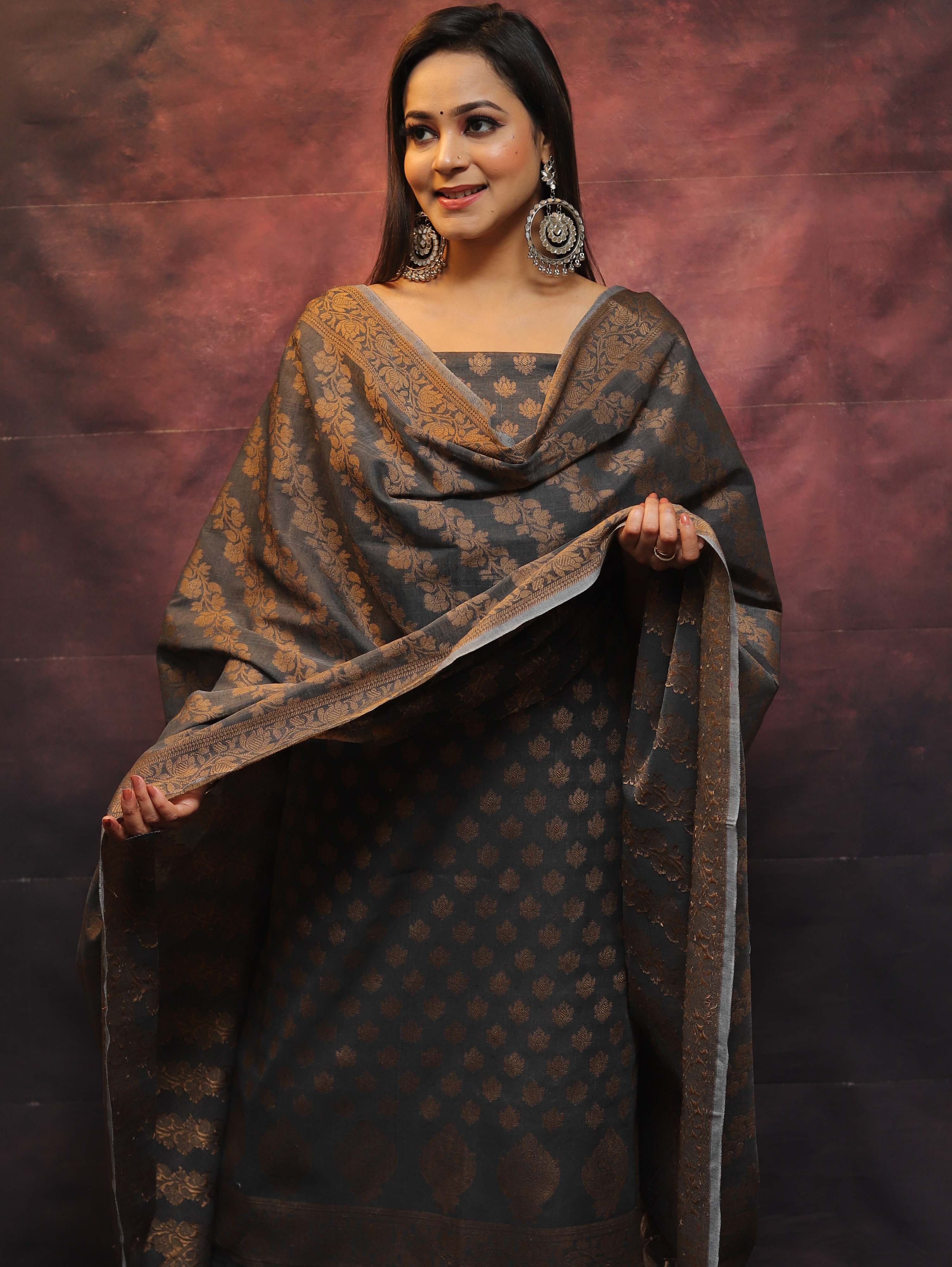 Banarasee Soft Cotton Ghichha Work Salwar Kameez Fabric With Dupatta-Grey