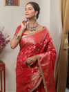 Banarasee Handwoven Semi Silk Saree With Zari Jaal Design & Lace-Red