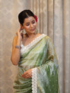 Banarasee Handwoven Crushed Tissue Saree With Buti Design & Lace-Light Green