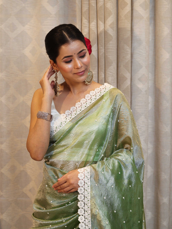 Banarasee Handwoven Crushed Tissue Saree With Buti Design & Lace-Light Green