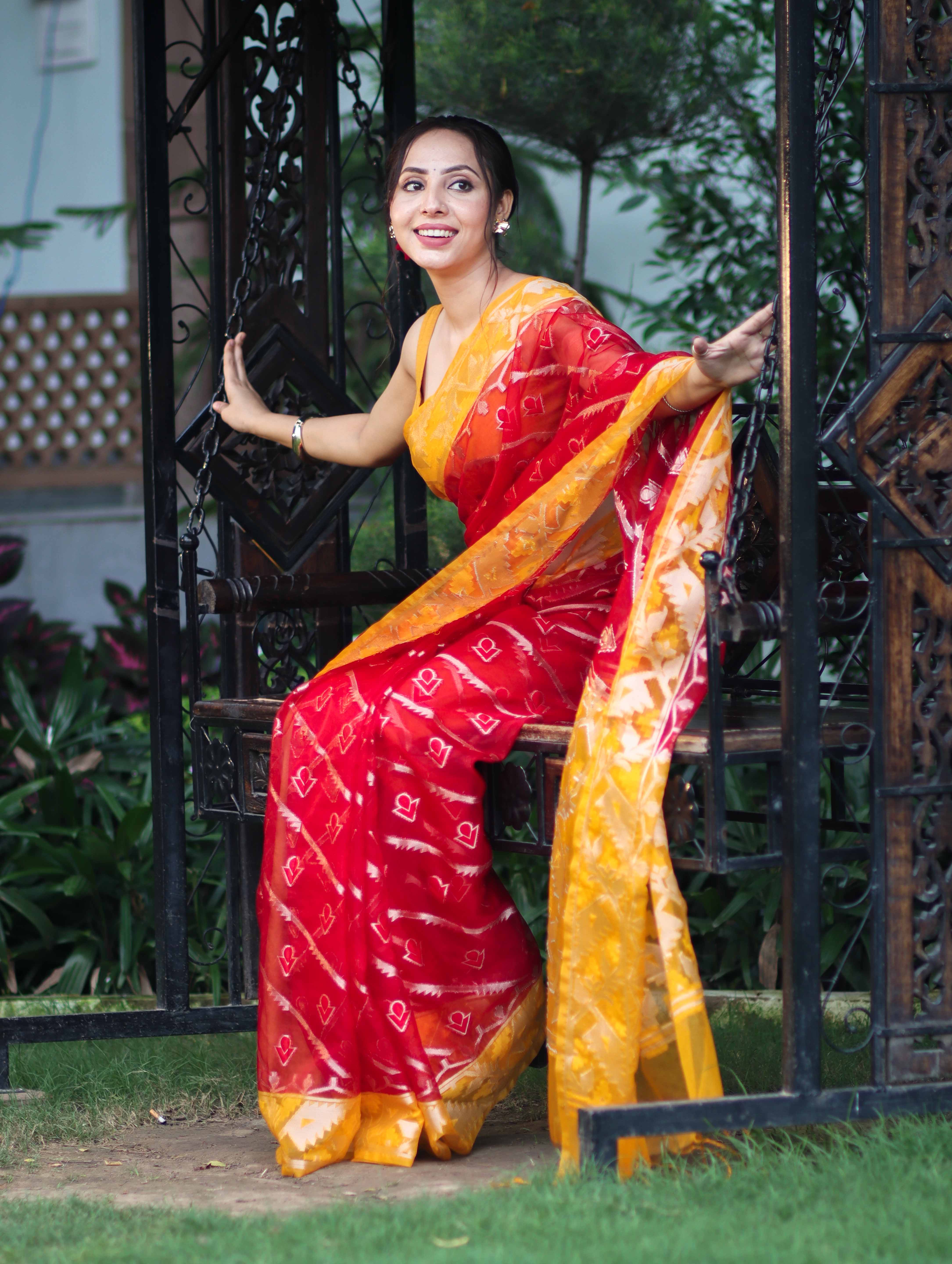 Banarasee Organza Mix Saree With Zari Work & Contrast Border-Red & Yellow