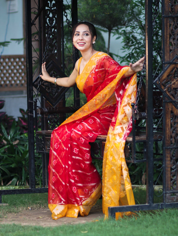 Banarasee Organza Mix Saree With Zari Work & Contrast Border-Red & Yellow