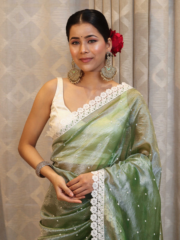 Banarasee Handwoven Crushed Tissue Saree With Buti Design & Lace-Light Green