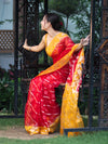 Banarasee Organza Mix Saree With Zari Work & Contrast Border-Red & Yellow