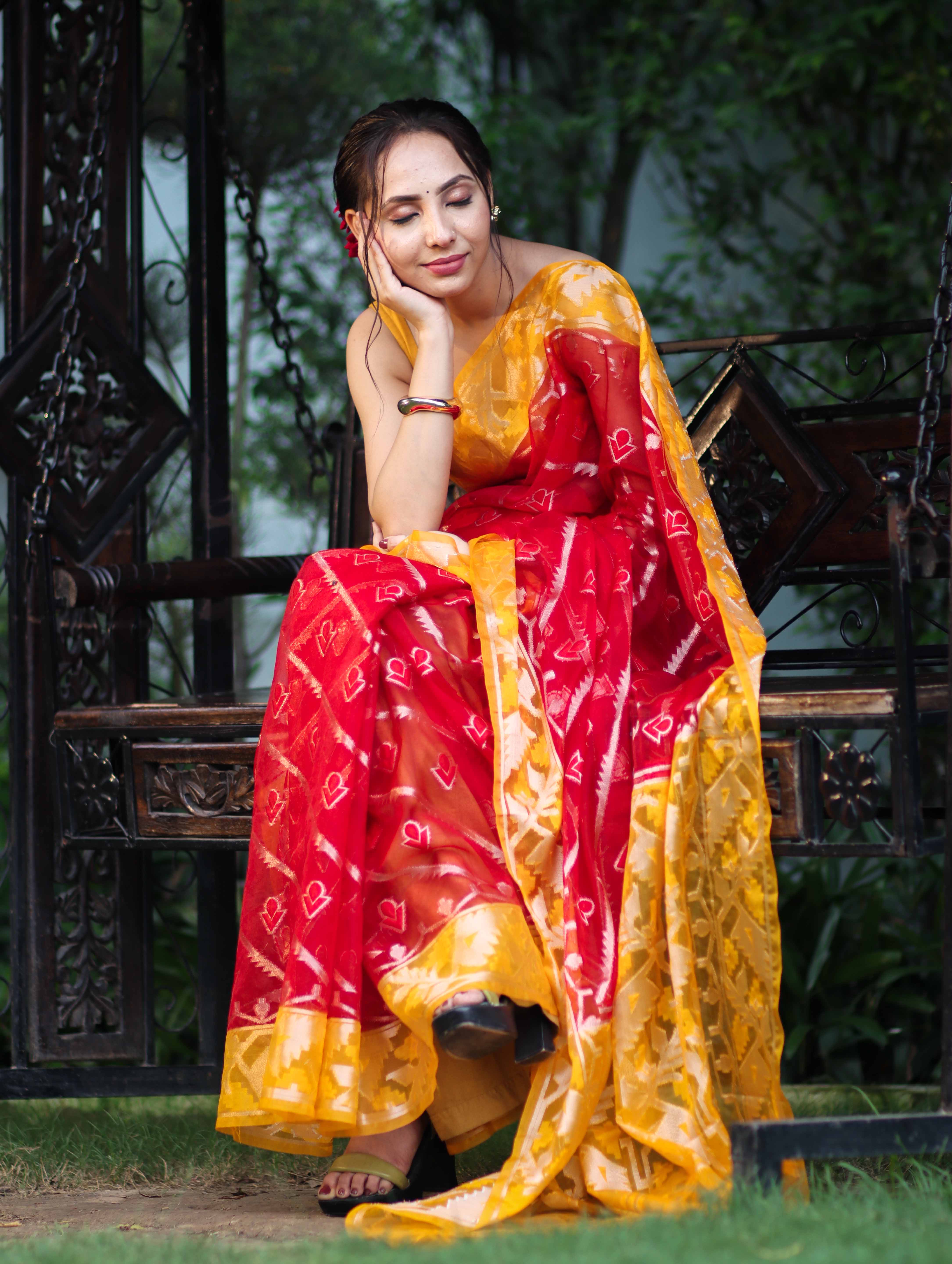 Banarasee Organza Mix Saree With Zari Work & Contrast Border-Red & Yellow