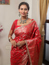 Banarasee Handwoven Semi Silk Saree With Zari Jaal Design & Lace-Red