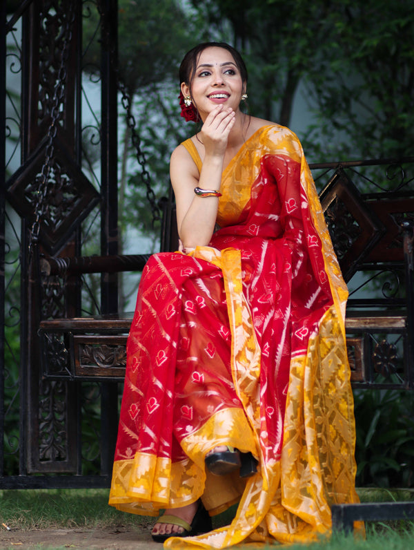 Banarasee Organza Mix Saree With Zari Work & Contrast Border-Red & Yellow